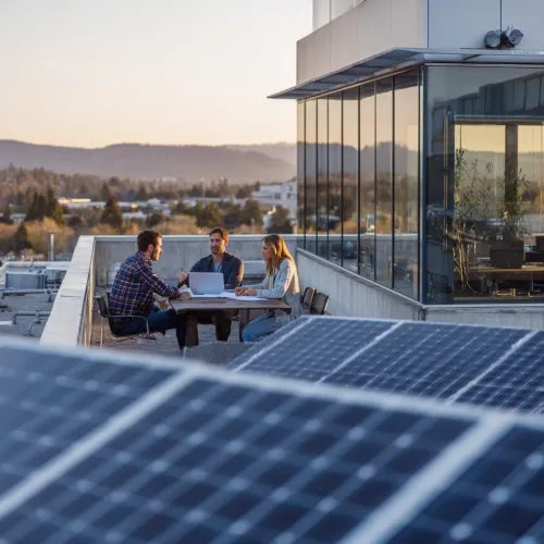 Vue d’entreprise équipée de panneaux solaires en toiture, bénéficiant d’aides financières et d’avantages fiscaux