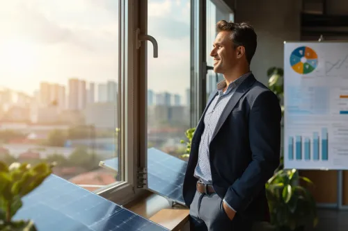 Panorama d’une maison équipée de panneaux solaires en toiture, montrant l’impact des aides à l’autoconsommation sur le financement