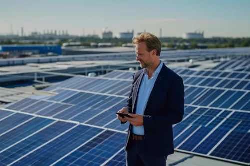 Dirigeant de PME analysant la rentabilité d’une installation solaire, entre économies d’énergie, revente et enjeux RSE