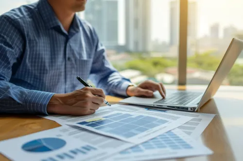 Dirigeant de PME analysant un devis solaire détaillé pour éviter promesses de rentabilité irréalistes et pièges contractuels