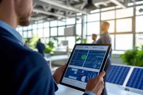 Dirigeant de PME comparant batterie solaire et revente du surplus en fonction des aides, tarifs d’achat et fiscalité en 2025