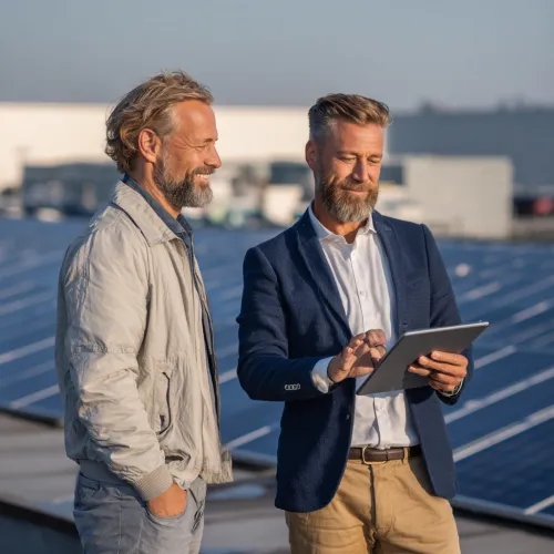 Des professionnels installent des panneaux solaires sur le toit d’une entreprise pour réduire coûts énergétiques et empreinte carbone