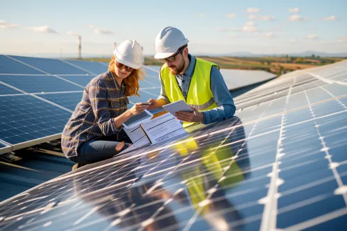 Dirigeant de PME analysant le coût global et la fiabilité des composants d’une installation solaire professionnelle sur 25 ans
