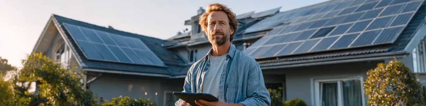 Installation de panneaux solaires surdimensionnés sur un toit résidentiel, illustrant le dilemme entre rentabilité réelle, surcoût et gaspillage financier potentiel